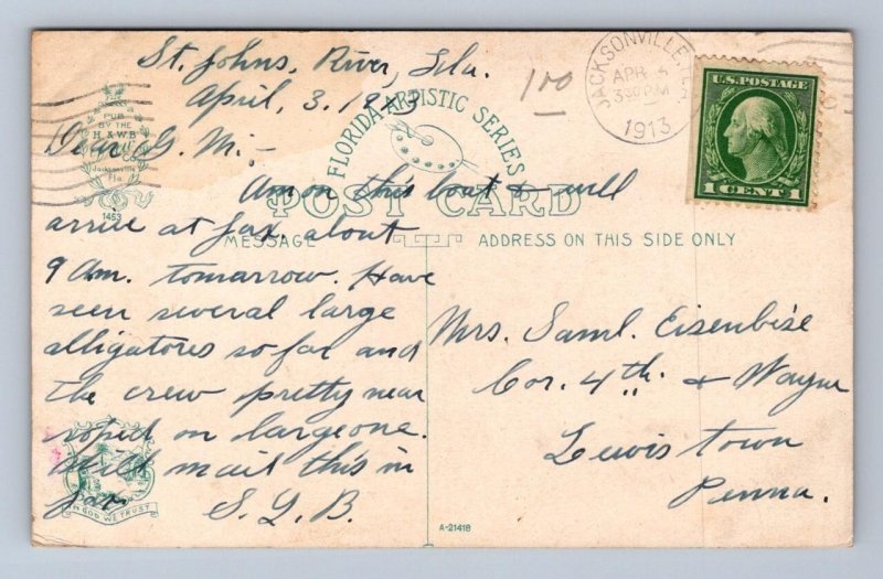 ST. JOHNS RIVER STEAMER SHIP FREDERICK DE BARY JACKSONVILLE FLORIDA POSTCARD '13