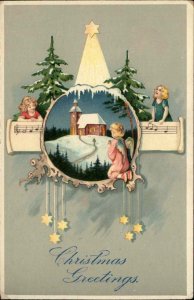 Christmas Little Girls Sheet Music Child Angel Gel c1910 Vintage Postcard