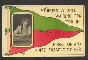 THERE;S A GIRL WAITING FOR YOU IN HOLGATE OHIO RED GREEN PENNANT 1913 POSTCARD