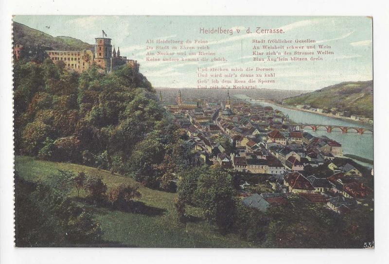 Germany Heidelberg from the Terrasse Poem Postcard Vintage c 1910