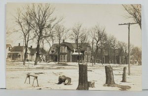 RPPC Beautiful Homes Winter Scene Cutting Trees Real Photo Postcard Q14