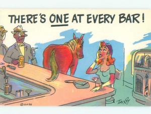 Pre-1980 Risque Comic SEXY GIRL DRINKING AT THE BAR BESIDE HORSE AB7025@