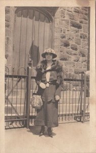 RPPC Postcard Woman Fur Wrap Large Purse c. 1900s