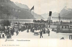 BRUNNEN SWITZERLAND VIERWALDSTRAETTERSEE SHIP DOCKING FLAG POSTCARD (c. 1900)