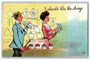 1909 Man Bought Gift Chocolate Store I Should Like The Change Antique Postcard