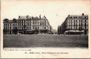 France Lille (Nord) Place Sébastopol et Rue Inkermann Vintage Postcard C162