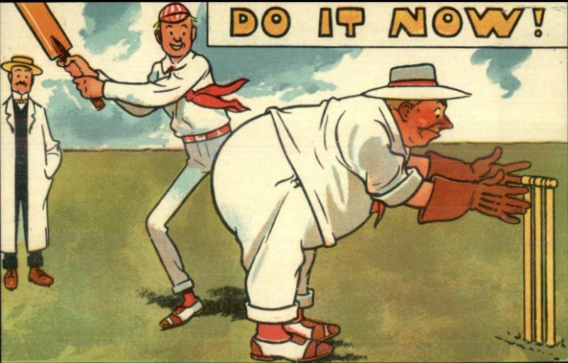 DO IT NOW! Prank Comic Cricket Paddle Obese Man c1910 Postcard rpx