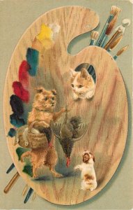 Embossed Postcard 212 Artist's Palette Cat & Terrier Dog w/ Game, Helena Maguire