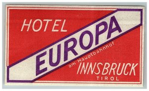 Hotel Europa Innsbruck Austria Luggage Label Vtg Sticker Stamp Poster 