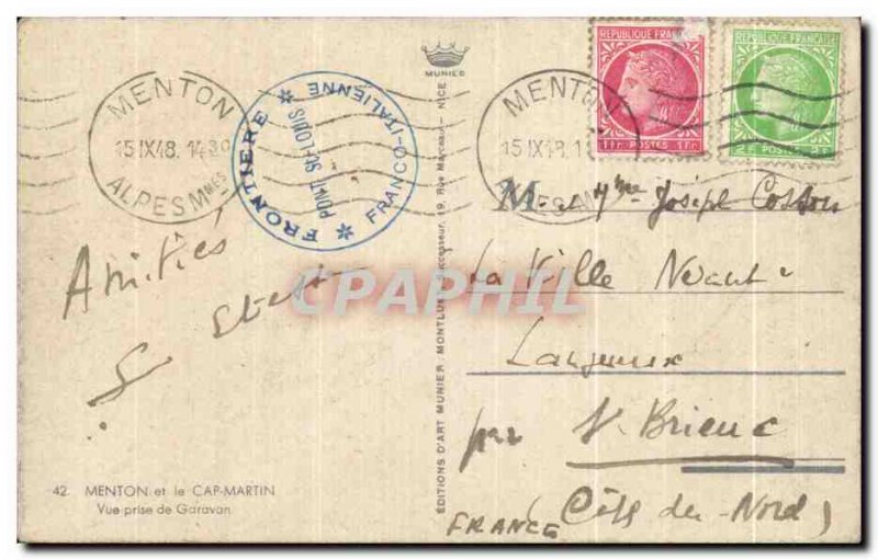 Old Postcard Menton and Cap Martin Vue Prize De Garavan