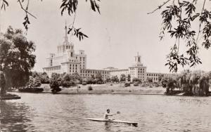 Romania Canoeing on Herastrau Lake and Casa Scanteii Bucharest real photo pc