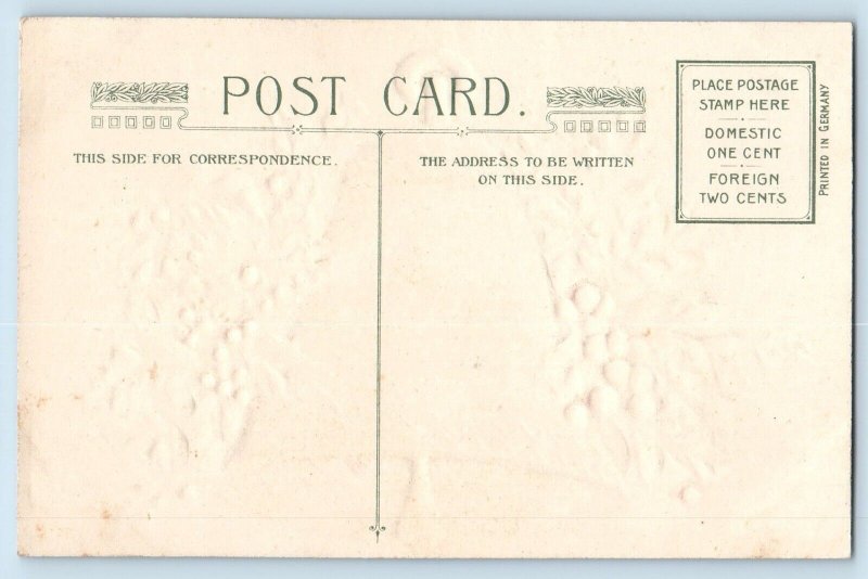 Christmas Postcard Ringing Bell Holly Berries Wisnch Back Embossed c1910's