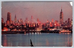 New York City Skyline At Night, Vintage 1961 Postcard, Pray For Peace Postmark