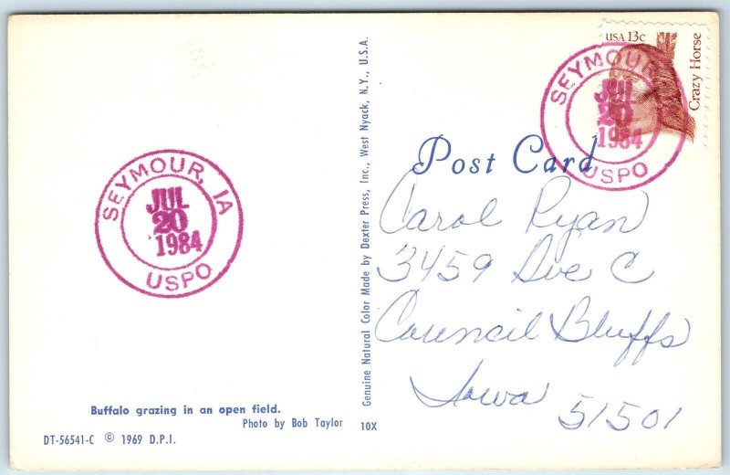 1984 Seymour, IA Purple USPO Post Office Cancel Postcard Postal History A267