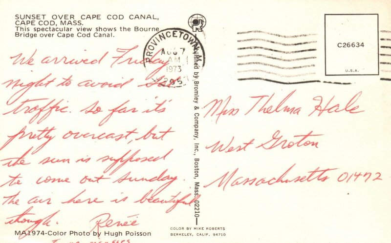 Vintage Postcard 1973 Sunset Over Cape Cod Canal Spectacular View Cape Cod Mass