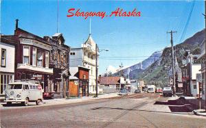 Skagway AK Street View Store Fronts VW Van Old Cars Postcard
