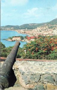 Postcard St. Thomas Charlotte Amalie as seen from Bluebeard's Castle with cannon