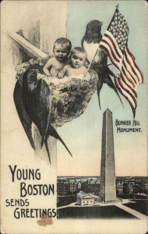 Young Boston Bunker Hill Monument Babies in Bird Nest American Flag Postcard