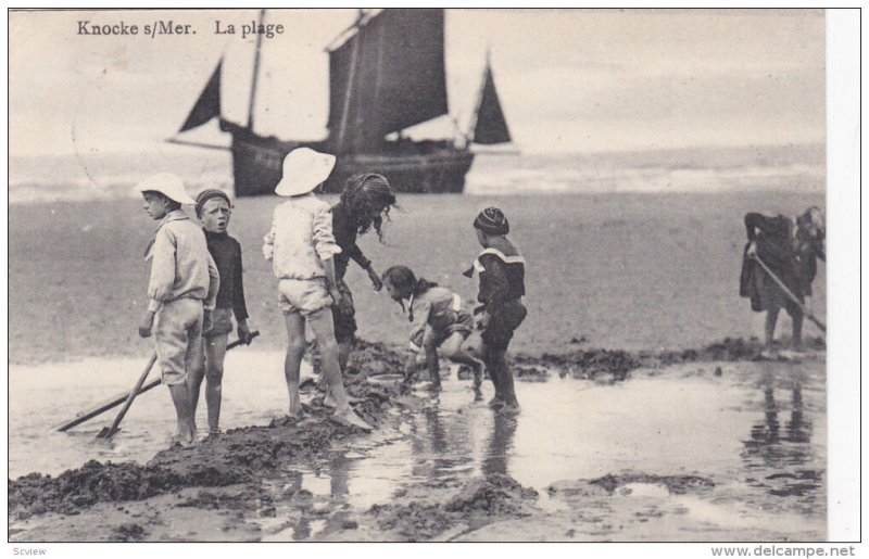 KNOCKE S/MER, West Flanders, Belgium, PU-1911; La Plage, Kids Playing, Sail S...