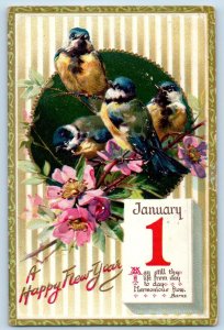 New Year Postcard Birds And Flowers Calendar Happy Hours Tuck Embossed 1910