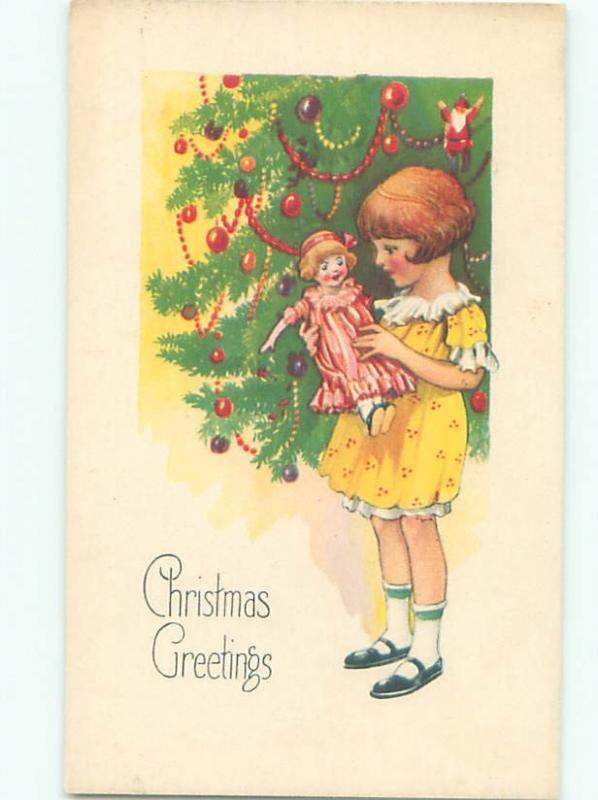 Pre-Linen Christmas GIRL FINDS NEW DOLL LEFT BY SANTA CLAUS AB5549