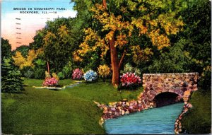 USA Bridge In Sinnissippi Park Rockford Illinois Linen Postcard 09.96