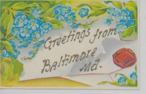 Baltimore Maryland Greetings From blue flowers glittered antique pc Z39685