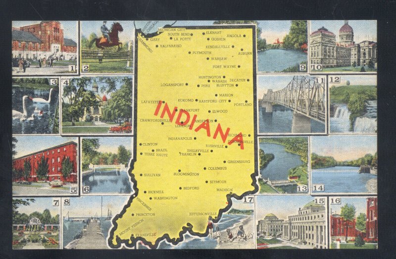 INDIANA STATE MAP VINTAGE LINEN POSTCARD