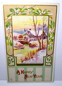 New Years Postcard Country Cottage Lake Scenic Mill Canoe Boat 1911 Stecher 208