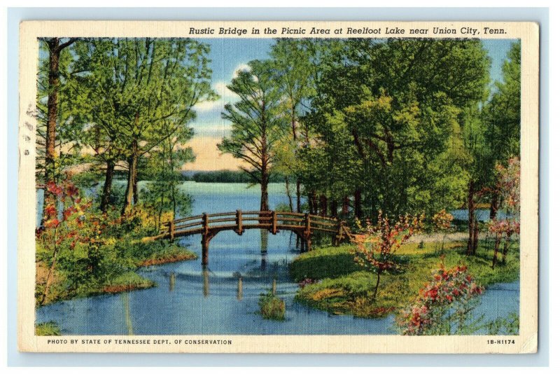 1942 Rustic Bridge in Picnic Area at Realfoot Lake Near Union City TN Postcard 