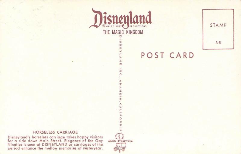 Disneyland, A-6, Horseless Carriage, Main Street, USA, Vintage Postcard