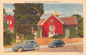 NORFOLK, VA Virginia     OLD ST PAUL CHURCH~Cars     c1940's Linen Postcard