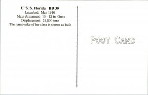 Vtg USS Superdreadnought Florida BB 30 US Navy Battleship Postcard
