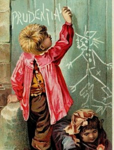 1880's The Prudential Insurance Co. Boy Writing Chalk Fence Girl & Doll P172