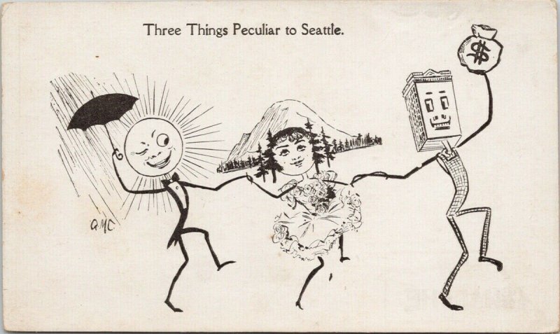 Seattle WA Three Things Peculiar to Seattle Comic AMC Bon Marche Postcard G11