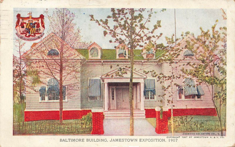 1907 Jamestown Exposition Official Expo Cancel Baltimore Building Postcard 