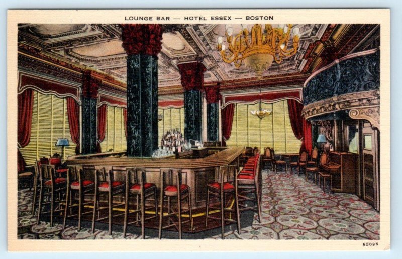 BOSTON, Massachusetts MA ~ Hotel Essex LOUNGE BAR ca 1940s Linen Postcard 