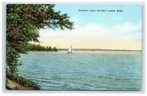 Detroit Lake MN Postcard Sailboat Linen Northern Pacific Railroad Advertising
