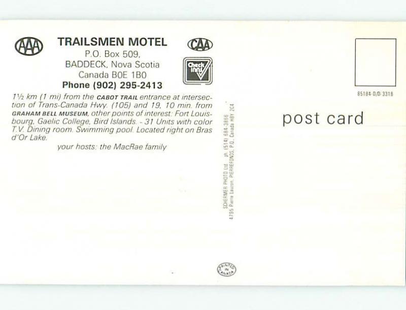 Unused 1980's TRAILSMEN MOTEL Baddeck Nova Scotia NS o0399