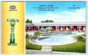 COLUMBUS, GA Georgia ~ Roadside SUNSET MOTEL Pool c1950s Car Postcard