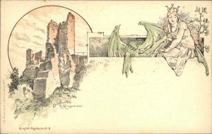 Fantasy - Princess Dragon & Castle Drachenfels Konigswinter c1900 Postcard