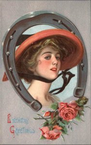 BIRTHDAY Pretty Woman in Hat w Horseshoe Border & Roses c1910 Postcard