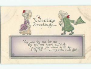 Unused Pre-Linen valentine BOY IN COLONIAL CLOTHES TIPS HAT TO GIRL k9276