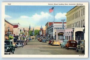 Ironwood Michigan Postcard Aurora Street Looking East Building Classic Cars 1940