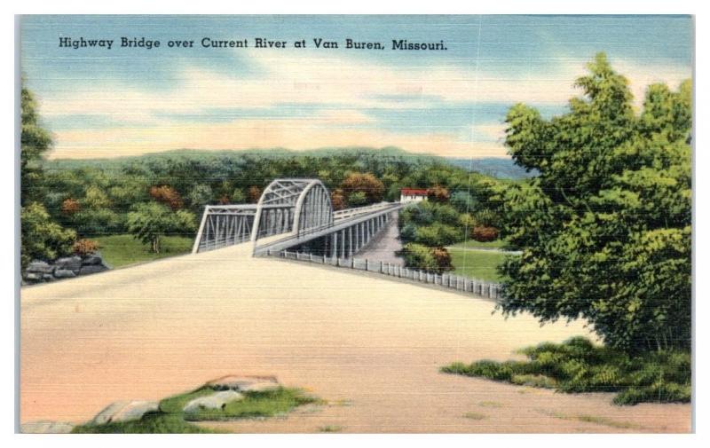 Mid-1900s Highway Bridge over Current River at Van Buren, MO Postcard