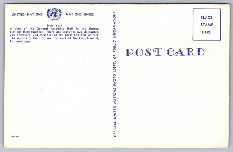 New York City NY United Nations General Assembly Hall Interior Chrome Postcard