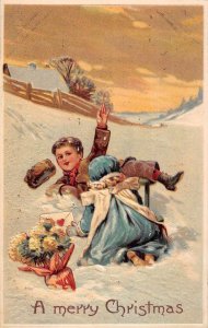 Christmas Greetings Children playing in Snow PFB Vintage Postcard AA35940