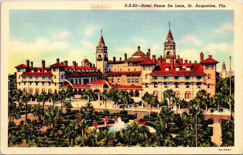 Historic Hotel Ponce De Leon Streetview St Augustine Florida Linen Postcard 
