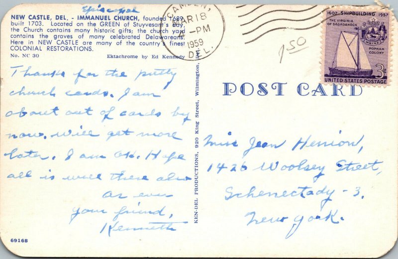 Vtg 1950s Immanuel Church New Castle Delaware DE Postcard