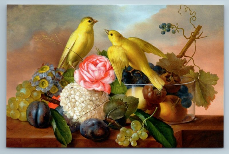 BIRDS Canaries with Flower Fruit STILL LIFE by Franz Petter Russian NEW postcard